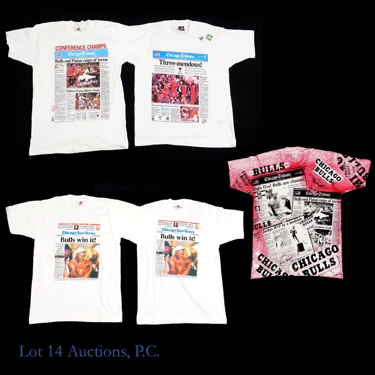 1990s Chicago Bulls Sun Times Tribune T-Shirts (New W/Tags) (5): 1990s Chicago Sun-Times & Chicago Tribune Chicago Bulls NBA Championship T-Shirts (Size L - All) (5 T-Shirts Total - All W/ Original Hang Tags) (Vintage - VTG / Original - OG) (Brand New / Never Worn 
