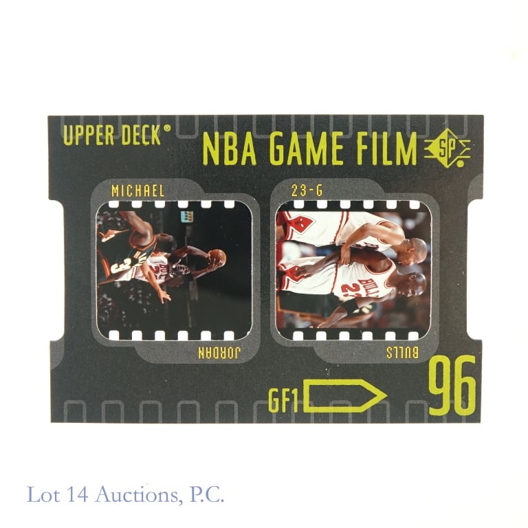 1996 Upper Deck SP Game Film #GF1 Michael Jordan: 1996-97 Upper Deck SP NBA Game Film #GF1 Michael Jordan Die-Cut SP Insert NBA Basketball Trading Card. Randomly inserted in packs at a rate of 1 in 120, this 10-card set uses slide photography and vid