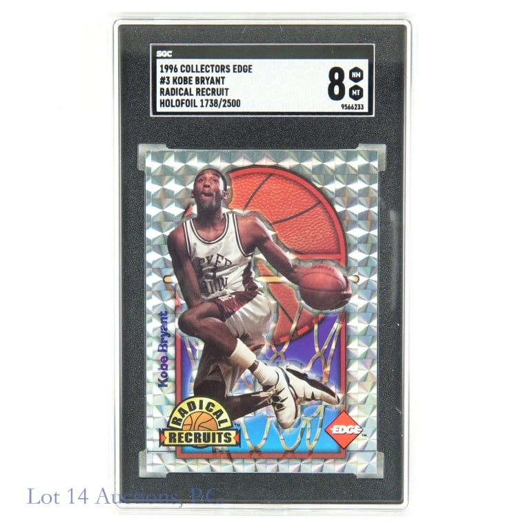 1996 Collectors Edge #3 Kobe Bryant NBA Rookie Card (SGC 8) (1738/2500): 1996 Collectors Edge #3 Kobe Bryant Radical Recruit Holofoil 1738/2500 NBA Rookie Card Basketball Trading Card (Graded SGC 8 NM-MT) (SGC Certification: 9566233). Widely regarded as one of the greatest