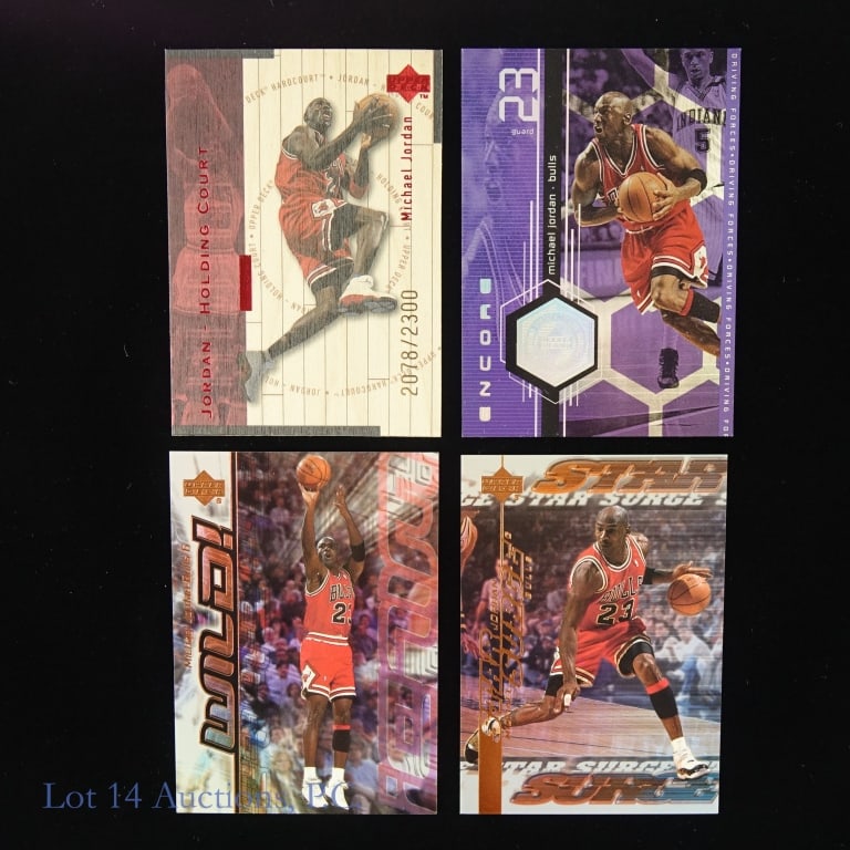 1998-00 Upper Deck Michael Jordan Insert Cards (4): 1998 Upper Deck Hardcourt Jordan Holding Court #J30 Michael Jordan (Red) (2078/2300) / 1998 Upper Deck Encore Driving Forces #F1 Michael Jordan / 1999 Upper Deck Wild! #W15 Michael Jordan / 1999 Upper