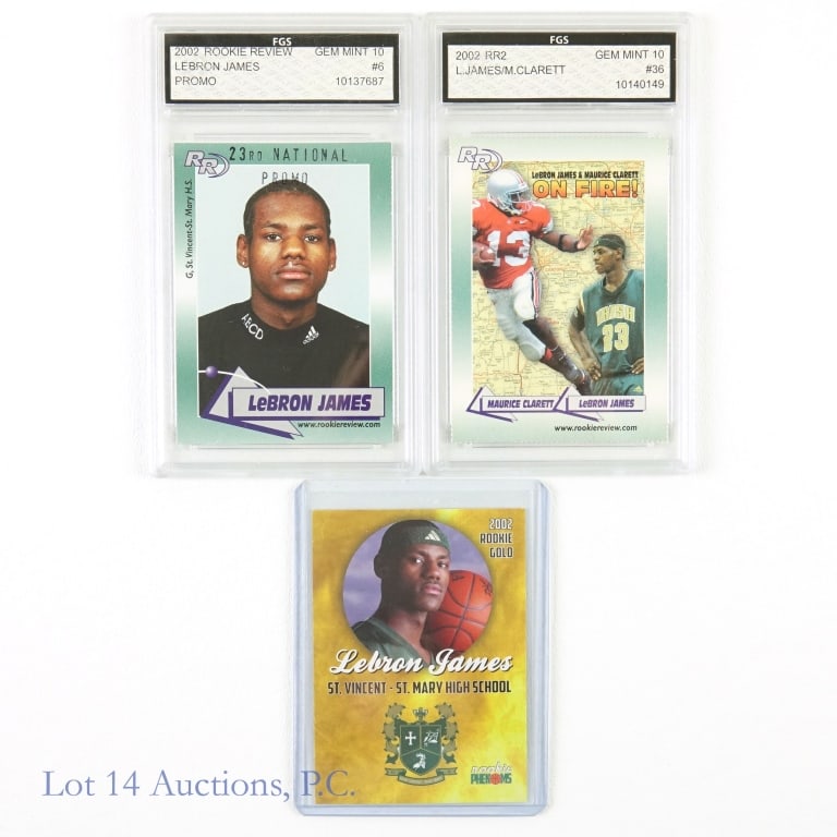 2002 RR & Rookie Phenoms Lebron James Rookie Cards: 2002 Rookie Review #6 Lebron James 23rd National Promo Rookie Card / 2002 Rookie Review #36 Lebron James/Maurice Clarett Rookie Card / 2002 Rookie Phenoms 2002 Rookie Gold Lebron James Rookie NBA Bask