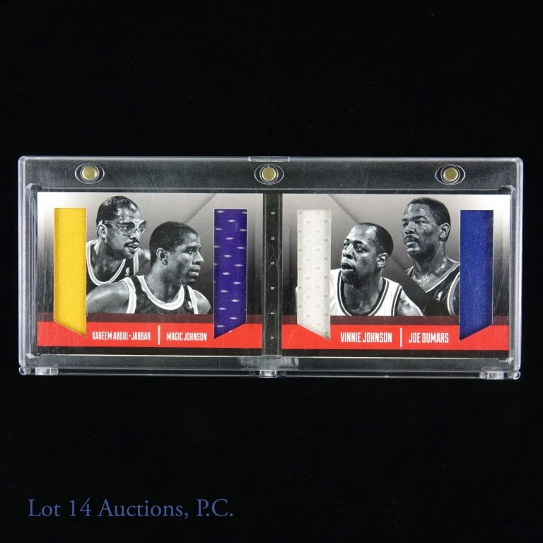 2013-14 Panini Preferred #6 Jabbar/Johnson/Dumars: 2013-14 Panini Preferred #6 Two On Two Rivalry Kareem Abdul-Jabbar / Magic Johnson / Vinnie Johnson / Joe Dumars Jersey Booklet NBA Basketball Trading Card (57/99). All of the enclosed jersey patch ma