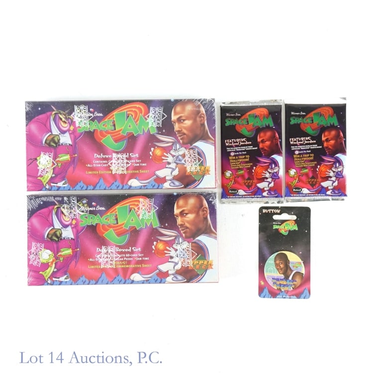1996 Upper Deck Space Jam Deluxe Box Sets (Factory Sealed): 1996 Upper Deck Space Jam Deluxe Boxed Sets & Booster Packs (Factory Sealed) (2 Deluxe Boxed Sets & 2 Wax Packs Total - All Factory Sealed). These limited edition boxed sets are considered scarce, esp