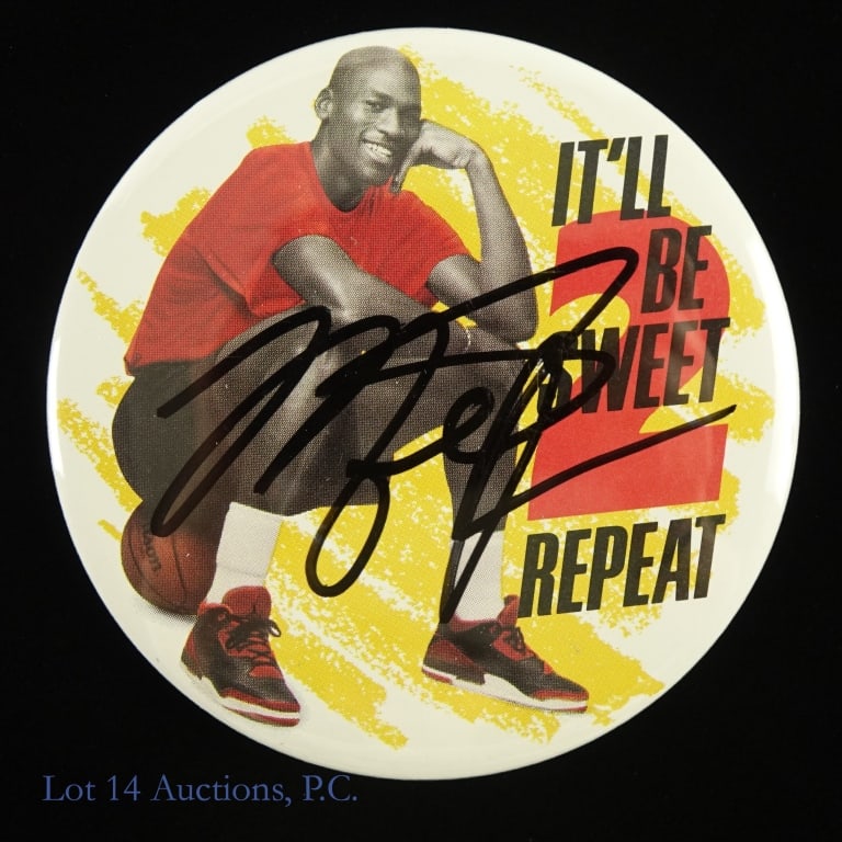 Michael Jordan Signed Sweet 2 Repeat Button: Michael Jordan Autographed Sweet 2 Repeat Button. Lot 14 guarantees the authenticity of this signature (read auction info for details). Arguably the most iconic and dominant athlete in sports history,