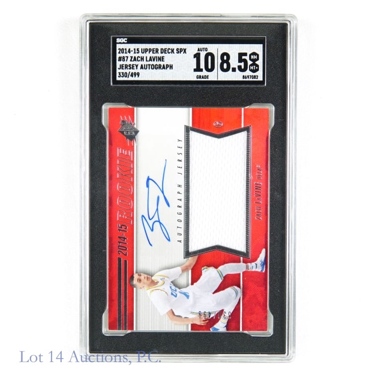 2014 UD SPX #87 Zach Lavine Jersey Autographs NBA Rookie Card (SGC): Signed 2014-15 Upper Deck SPX #87 Zach Lavine Jersey Autographs 330/499 NBA Basketball Trading Card (Rookie Card) (SGC 8.5 - Auto Grade 10) (SGC Certification: 8697082). One of the Chicago Bulls risin