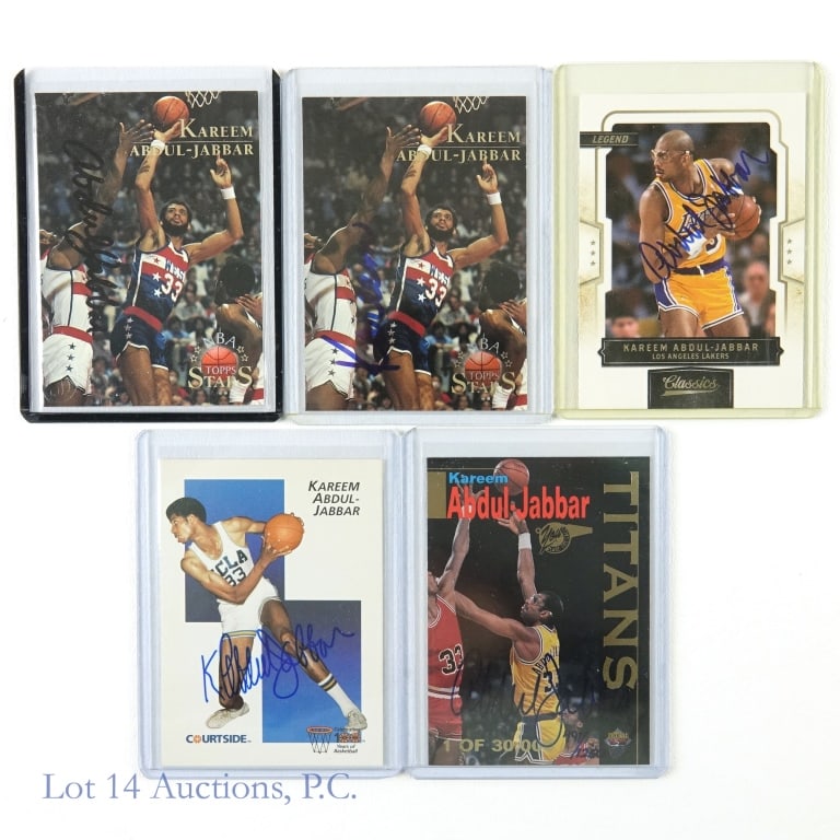 Kareem Abdul-Jabbar Signed NBA Cards (COA) (5): (2x) 1996 Topps NBA Stars #101 Kareem Abdul-Jabbar Autos (1 The Score Board - Ken Goldin COA) / 1992 Courtside #18 Kareem Abdul-Jabbar Auto / 1995 Signature Rookies #T4 Kareem Abdul-Jabbar Auto / 2010
