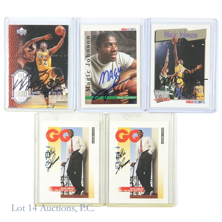 Magic Johnson Signed Hoops Upper Deck Cards (5): (2x) 1991 Skybox #323 Magic Johnson Autos / 1991 NBA Hoops #473 Magic Johnson Auto / 1992 NBA Hoops Magic Numbers #331 Magic Johnson Auto / 2000 Upper Deck NBA Legends #2 Magic John Auto NBA Basketbal