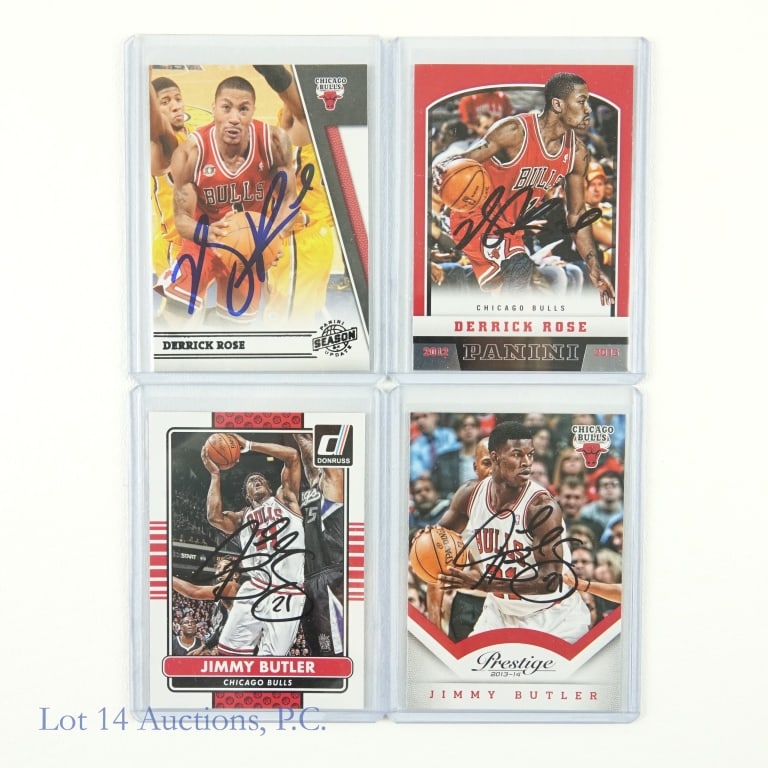Jimmy Butler Derrick Rose Signed Panini Cards (4): 2013 Panini Prestige #68 Jimmy Butler Auto (Hand Signed) / 2014 Donruss Panini #36 Jimmy Butler Auto (Hand Signed) / 2011 Panini Season Update #34 Derrick Rose Auto (Hand Signed) / 2012 Panini #49 Der