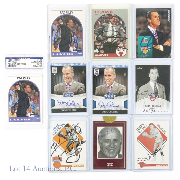 Signed HOF Head Coach NBA Cards (PSA/Panini) (10): Autographed Hall Of Fame Head Coach NBA Basketball Trading Cards (10 Cards Total - All Signed) (PSA/DNA & Panini COA's - 3 Cards) (PSA/DNA Certification: 81948237). Lot 14 guarantees the authenticity 