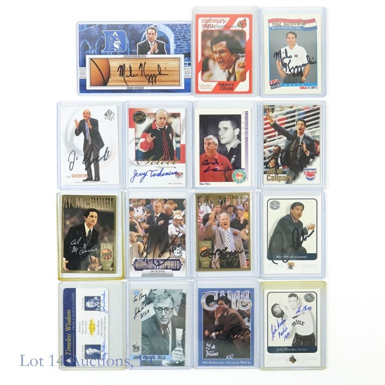 Signed HOF NCAA Coaches Basketball Cards (15): Autographed Hall Of Famer NCAA Coaches Basketball Trading Cards (15 Cards Total - All Signed). Lot 14 guarantees the authenticity of these signatures (read auction info for details). Features: (3x) Jo