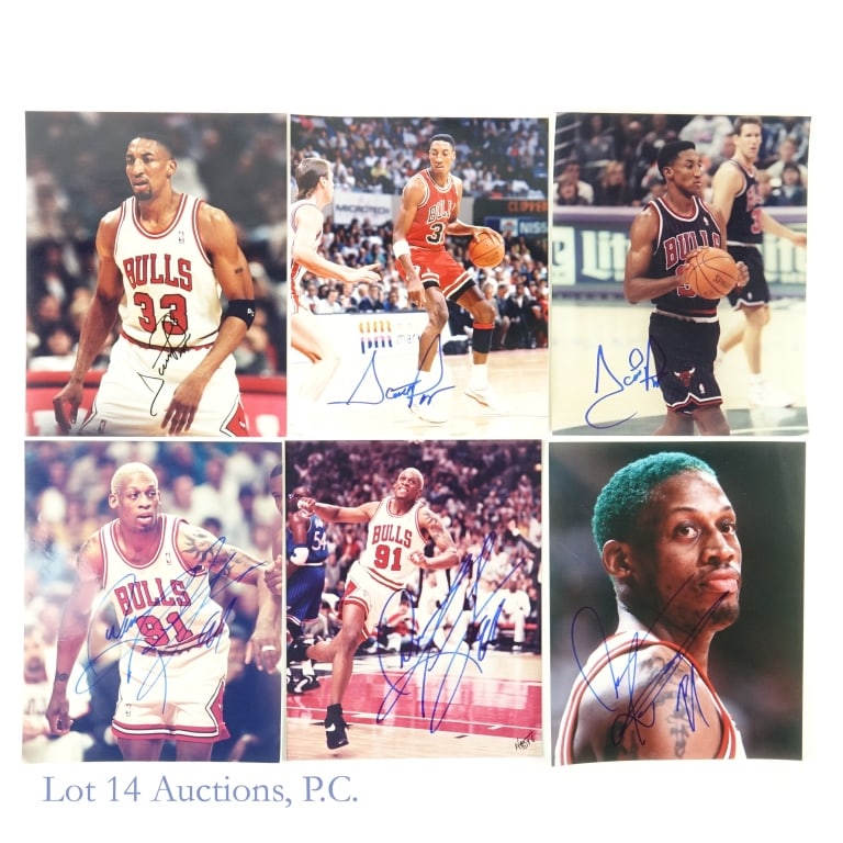 Signed Scottie Pippen Dennis Rodman NBA Photos (6): Autographed Scottie Pippen Dennis Rodman NBA Basketball Photographs (All 8 x 10) (6 Autographed Pictures Total). Lot 14 guarantees the authenticity of these signatures (read auction info for details).