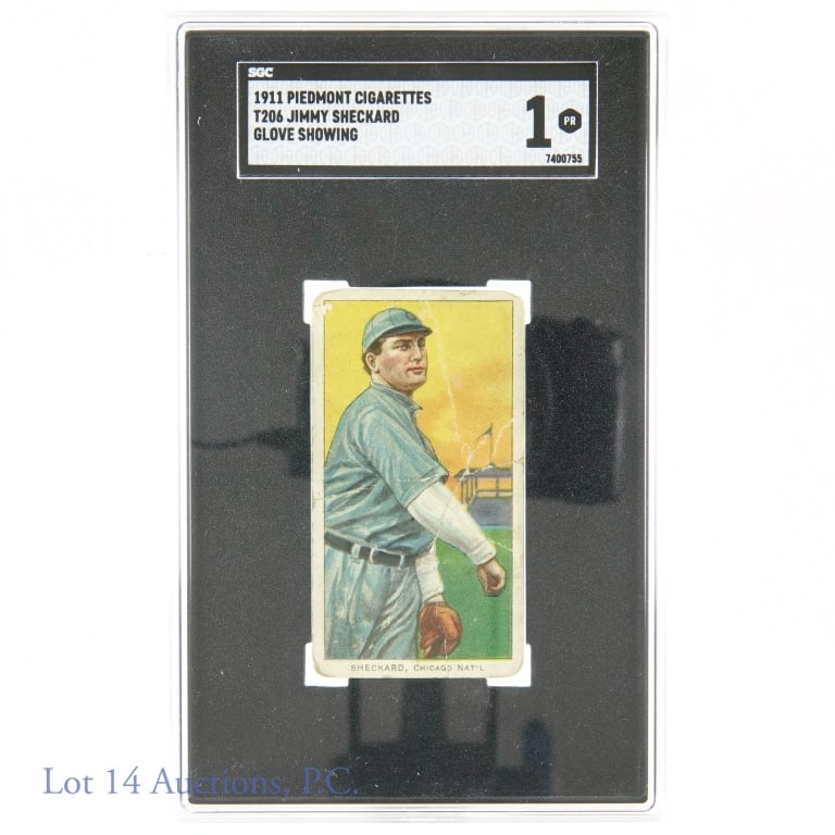 1909-11 T206 Piedmont 350 Jimmy Sheckard (SGC 1): 1909-11 T206 Piedmont 350 Jimmy Sheckard MLB Baseball Trading Cards (Graded SGC 1) (SGC Certification: 7400755). The T206 set is a tobacco card set issued from 1909 to 1911 in cigarette and loose toba