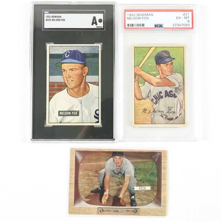 1951-1955 Bowman Nellie Fox MLB Cards (PSA) (3): 1951 Bowman #232 Nelson Fox Rookie Card (SGC A) / 1952 Bowman #21 Nelson Fox (PSA 6 EX-MT) / 1955 Bowman #33 Nelson Fox MLB Baseball Trading Cards (3 Cards Total - 2 Graded) (SGC Certification: 540436