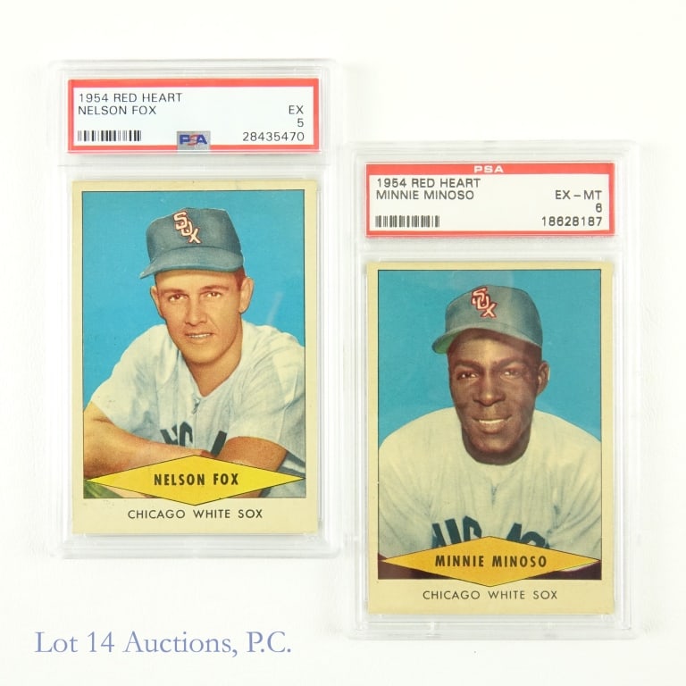1954 Red Heart Minnie Minoso & Nellie Fox (PSA): 1954 Red Heart Minnie Minoso (PSA 6 EX-MT) (Total Population 373 - Pop Higher 219 - Scarce) / 1954 Red Heart Nelson Fox (PSA 5 EX) (Total Population 308 - Pop Higher 205 - Scarce) MLB Baseball Trading