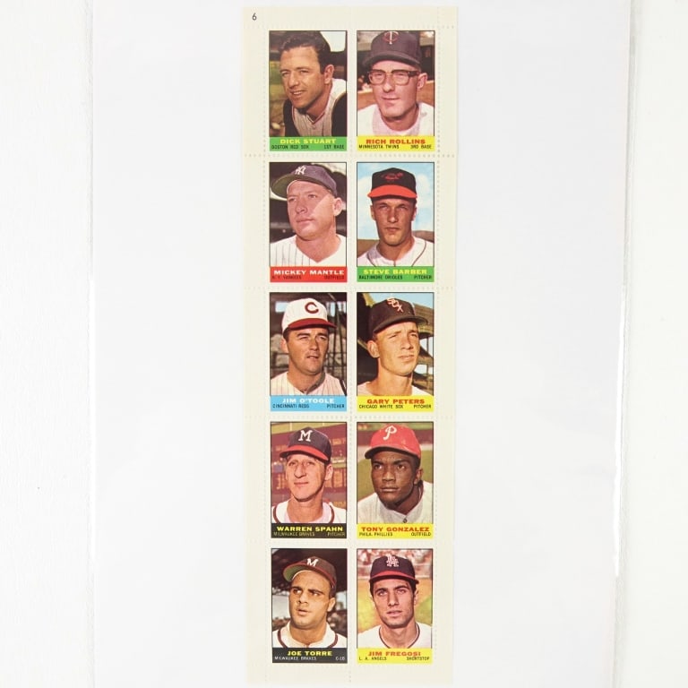 1964 Bazooka Stamps MLB Players #6 Complete Panel: 1964 Bazooka Stamps MLB Players #6 (Complete Panel / Full Panel / Uncut Panel) (Complete Sheet / Full Sheet / Uncut Sheet) MLB Baseball Trading Cards (10 Stamps Total). Hall Of Famers include: Mickey 