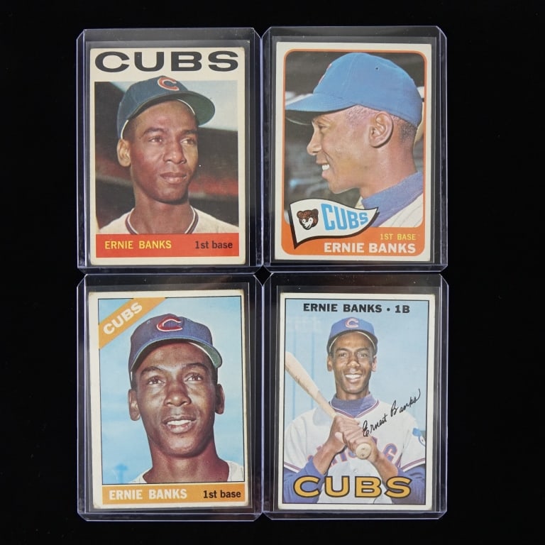 1964-1967 Topps Ernie Banks MLB Baseball Cards (4): 1964 Topps #55 Ernie Banks / 1965 Topps #510 Ernie Banks / 1966 Topps #110 Ernie Banks / 1967 Topps #215 Ernie Banks MLB Baseball Trading Cards (4 Cards Total). Affectionately nicknamed "Mr. Cub". Ern