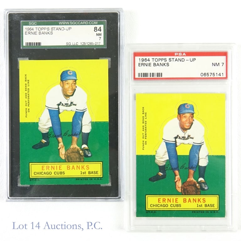 1964 Topps Stand-Up Ernie Banks Cards (PSA/SGC): 1964 Topps Stand-Up Ernie Banks (PSA 7 NM) (Total Population 423 - Pop Higher 101 - Scarce) / 1964 Topps Stand-Up Ernie Banks (SGC 7 NM) MLB Baseball Trading Cards (2 Cards Total - Both Graded) (PSA C