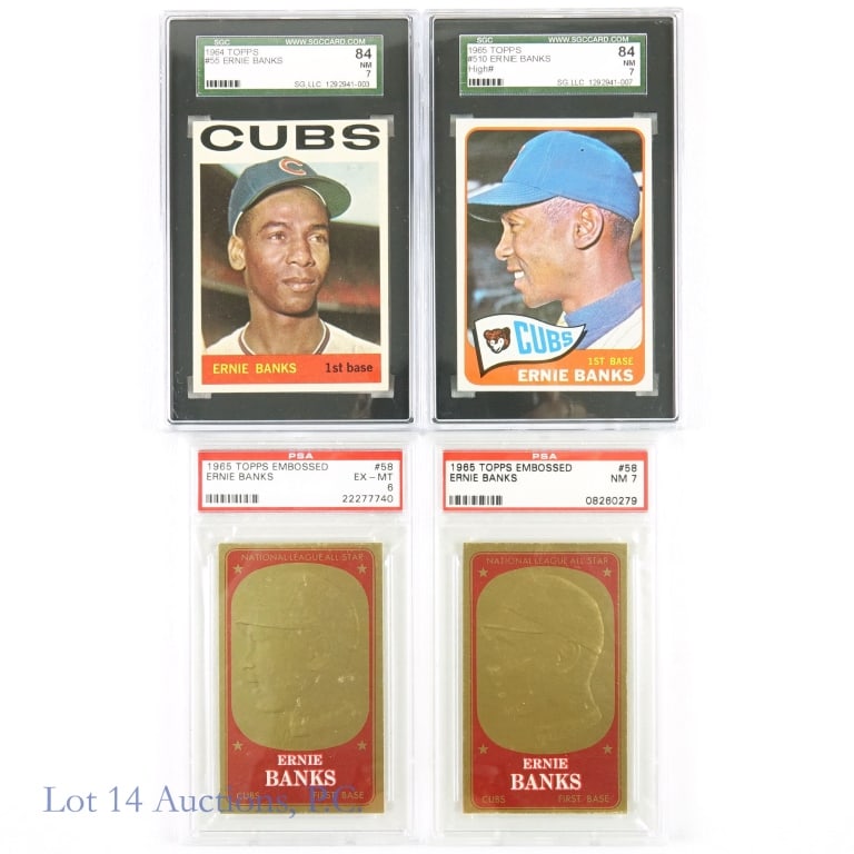 1964-1965 Topps Ernie Banks Cards (SGC/PSA) (4): 1964 Topps #55 Ernie Banks (SGC 7 NM) / 1965 Topps #510 Ernie Banks (SGC 7 NM) / (2x) 1965 Topps Embossed #58 Ernie Banks (PSA 7 & PSA 6) MLB Baseball Trading Cards (4 Cards Total - All Graded) (SGC C