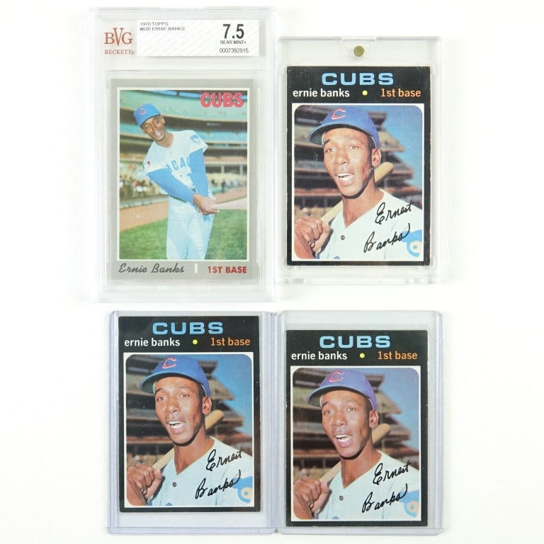 1970-1971 Topps Ernie Banks MLB Cards (BVG) (4): 1970 Topps #630 Ernie Banks (BVG Beckett 7.5 Near Mint +) / (3x) 1971 Topps #525 Ernie Banks MLB Baseball Trading Cards (4 Cards Total - 1 Graded) (Beckett BVG Certification: 0007392915). Affectionate