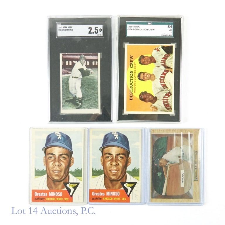 Topps Bowman Berk Ross Minnie Minoso Cards (SGC): 1952 Berk Ross Orestes Minoso Rookie Card (SGC 2.5 GD+) / (2x) 1953 Topps #66 Minnie Minoso / 1955 Bowman #25 Minnie Minoso / 1957 Topps #138 Minnie Minoso / 1959 Topps #166 Destruction Crew (SGC 7 NM
