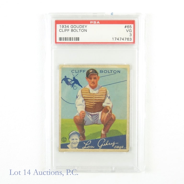 1934 Goudey #65 Cliff Bolton Rookie Card (PSA 3): 1934 Goudey #65 Cliff Bolton Rookie MLB Baseball Trading Card (Graded PSA 3 VG) (PSA Certification: 17474763). Cliff Bolton played professionally with the Washington Senators and Detroit Tigers. He ma