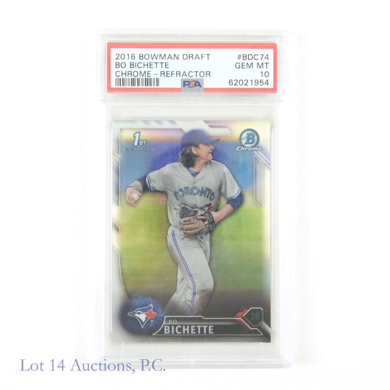2016 Bowman Draft Chrome Ref Bo Bichette (PSA 10): 2016 Bowman Draft Chrome - Refractor #BDC74 Bo Bichette Rookie Card RC MLB Baseball Trading Card (Graded PSA 10 GEM MT). (PSA Certification: 62021954). One of the brightest young stars in the league, 