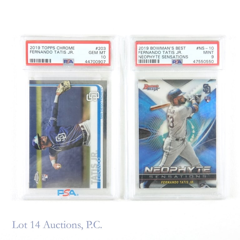 2019 Topps Fernando Tatis JR. Rookie Cards (PSA): 2019 Topps Chrome #203 Fernando Tatis JR. Rookie Card (Graded PSA 10 GEM MT) / 2019 Bowman's Best Neophyte Sensations #NS-10 Fernando Tatis JR. RC (Graded PSA 9 MINT) MLB Baseball Trading Cards (2 Car