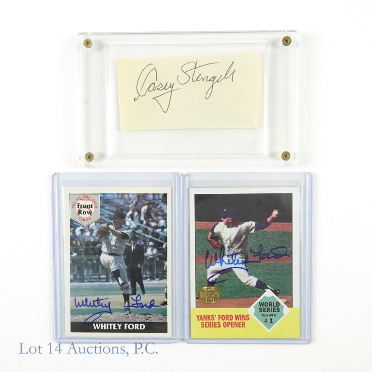 Casey Stengel Whitey Ford Signed Card & Cut Auto: Autographed Casey Stengel Cut Signature / 1992 Front Row #5 Whitey Ford Auto (Hand Signed) / 2001 Topps Archives #142 Whitey Ford Auto (Hand Signed) MLB Baseball Trading Cards (3 Autographs Total). Lo