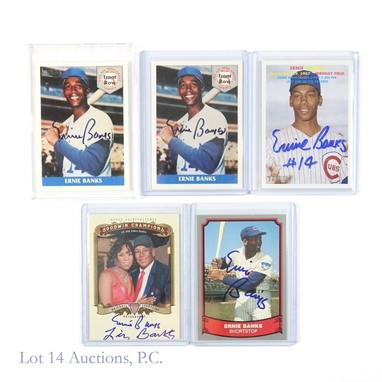 Ernie Banks Signed MLB Baseball Cards (COA) (5): 2012 Upper Deck Goodwin Champions #A-EB Liz And Ernie Banks Auto Insert (UD COA) / 2008 Topps Heritage #FB-EB Ernie Banks Auto Insert / 1988 Pacific Baseball Legends #36 Ernie Banks Auto (Hand Signed)