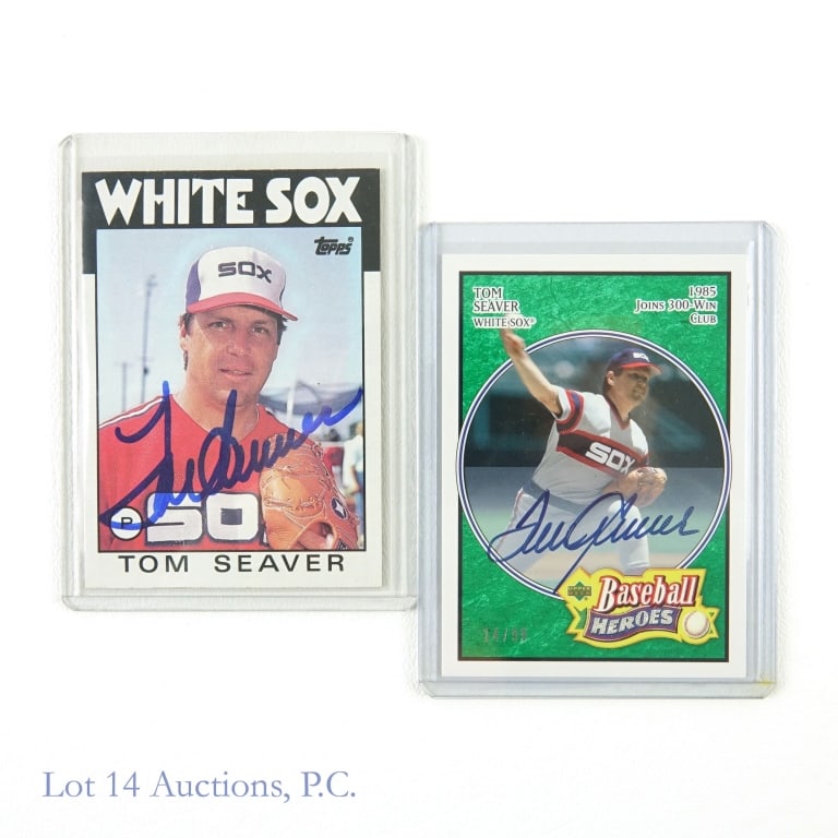Tom Seaver Signed Topps UD MLB Cards (COA) (2): 2005 Upper Deck Baseball Heroes #29 Tom Seaver Auto (14/99) (UD COA) / 1986 Topps #390 Tom Seaver Auto (Hand Signed) MLB Baseball Trading Cards (2 Cards Total - Both Autographed). Lot 14 guarantees th