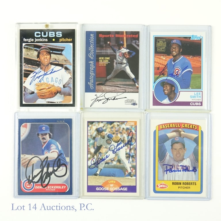Signed Chicago Cubs HOF Pitchers Cards (COA) (6): Autographed Chicago Cubs Hall Of Fame Pitchers MLB Baseball Trading Cards (6 Cards Total - All Signed). (Topps, Fleer/Skybox COA's - 3 Cards). Lot 14 guarantees the authenticity of these signatures (r