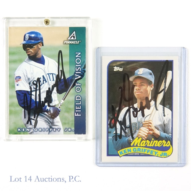 Ken Griffey Jr Signed Topps RC & Pinnacle MLB Card: 1989 Topps #41T Ken Griffey Jr Rookie Card Auto (Hand Signed) / 1997 Pinnacle #187 Ken Griffey Jr Auto (Hand Signed) MLB Baseball Trading Cards (2 Cards Total - Both Autographed). Lot 14 guarantees th