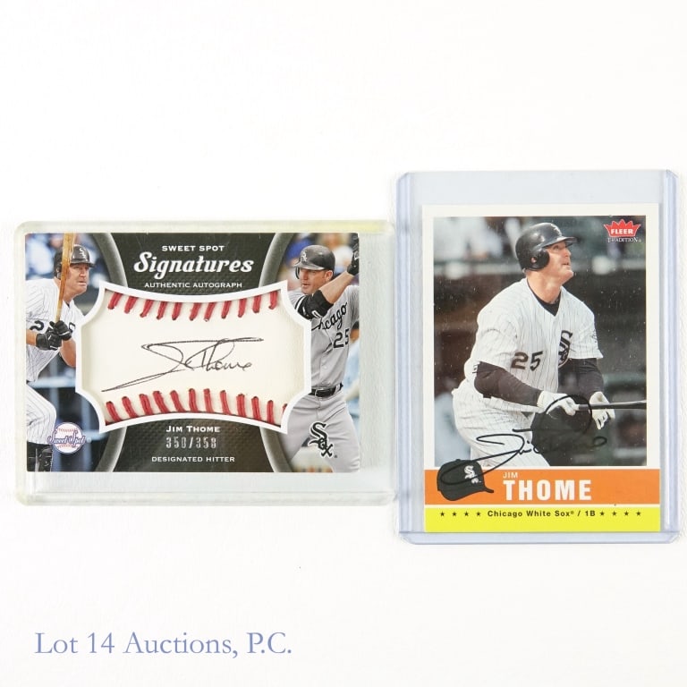Jim Thome Signed Upper Deck Fleer MLB Cards (COA): 2008 Upper Deck Sweet Spot Signatures #S-JT Jim Thome (350/358) Auto (UD COA) / 2006 Fleer Tradition #187 Jim Thome Auto (Hand Signed) MLB Baseball Trading Cards (2 Cards Total - Both Autographed). (U