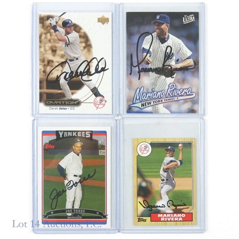 Signed Derek Jeter Mariano Rivera Joe Torre Cards: 2001 Upper Deck Ovation #26 Derek Jeter Auto (Hand Signed) / 1997 Fleer Ultra #103 Mariano Rivera Auto (Hand Signed) / 2012 Topps 1987 Topps Minis #TM-36 Mariano Rivera Auto (Hand Signed) / 2006 Topps