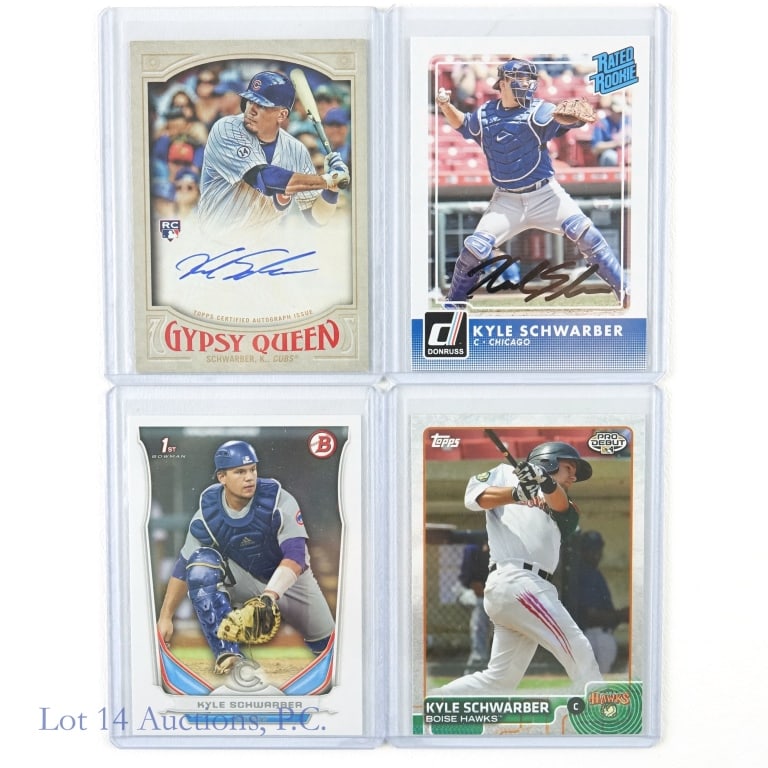 Kyle Schwarber Signed MLB Rookie Cards (COA) (4): 2016 Topps Gypsy Queen Autographs #GQAKS Kyle Schwarber Rookie Card Auto (Topps COA) / 2016 Panini Donruss #31 Kyle Schwarber Rookie Card Auto (Hand Signed) / 2014 Bowman Draft Picks #DP2 Kyle Schwarb