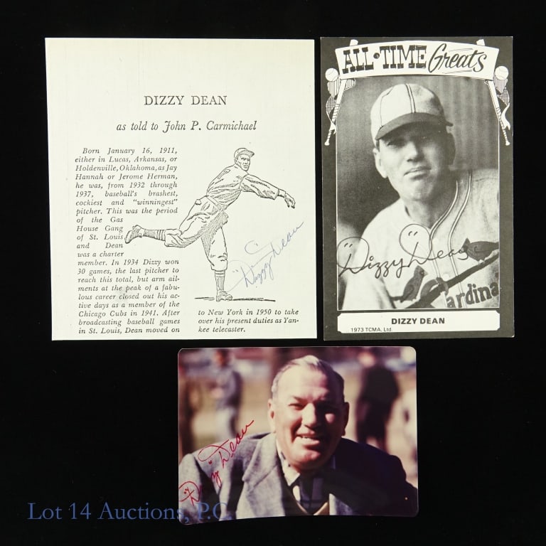 Dizzy Dean Signed TCMA Card / Photo & Article (3): Autographed Dizzy Dean 1973-80 TCMA All-Time Greats MLB Baseball Postcard / Photograph (3 x 4.5) & News Article (3 Autographs Total). Lot 14 guarantees the authenticity of these signatures (read aucti