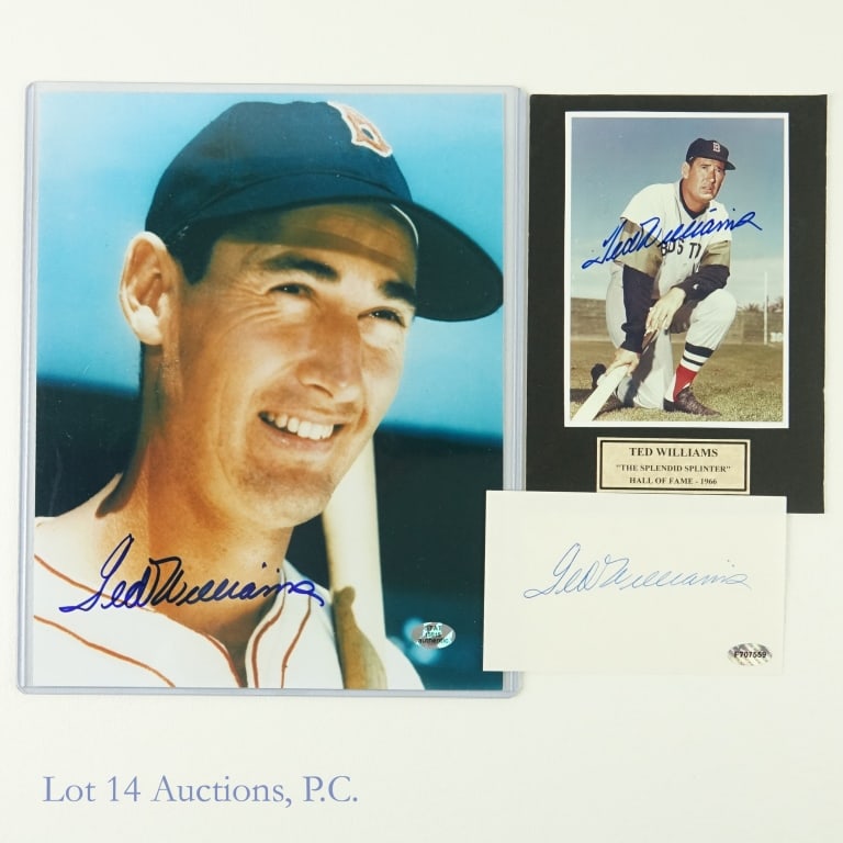 Ted Williams Signed Photos & Index Cut Signature: Autographed Ted Williams Photographs (3.5 x 5.5) & (8 x 10) / Autograph Ted Williams Index Card Cut Signature Auto (3 Autographed Pictures Total). Lot 14 guarantees the authenticity of these signature