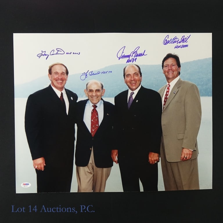 Berra Bench Carter Fisk Signed MLB Photo (PSA/DNA): Yogi Berra / Johnny Bench / Gary Carter / Carlton Fisk Autographed MLB Baseball Photo (20x16)(PSA/DNA) (PSA/DNA Certification Number: O01297). Signatures are written in beautiful blue sharpie with no 