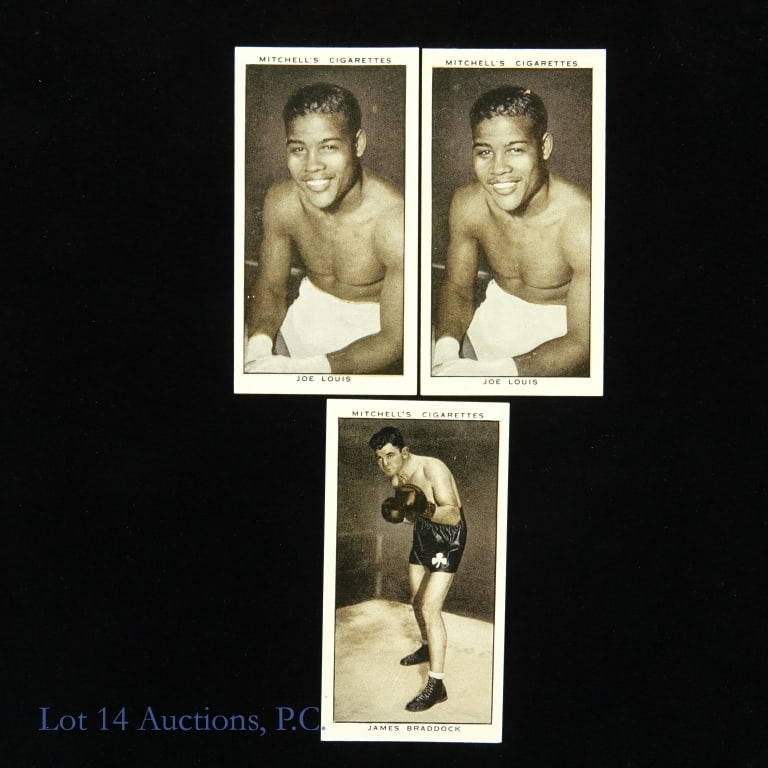 1936 Mitchell & Son Joe Louis James Braddock Cards: (2x) 1936 Mitchell & Son Gallery of 1935 #28 Joe Louis Rookie Cards / 1936 Mitchell & Son Gallery of 1935 #27 James Braddock Boxing Tobacco Trading Cards (3 Cards Total). The Mitchell's Cigarettes Gal