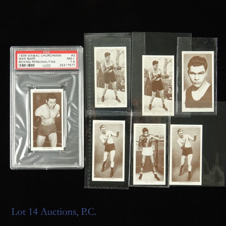 1938 WA&AC Churchman Boxing Personalities (PSA): 1938 W.A. & A.C. Churchman Boxing Personalities Boxing Tobacco Trading Cards (7 Cards Total - 1 PSA Graded 7.5 NM+) (PSA Certification: 25317577). Features: Max Baer (PSA 7.5 NM+), (2x) Jack Dempsey, 