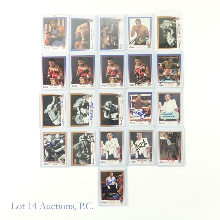 Signed 1991 Kayo Boxing Cards (HOF) (21): Autographed 1991 Kayo Boxing Trading Cards (21 Cards Total - All Signed). Lot 14 guarantees the authenticity of these signatures (read auction info for details). Autographs include: (2x) Sugar Ray Leo