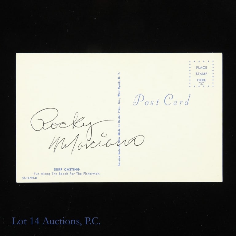 Rocky Marciano Signed New York Postcard: Autographed Rocky Marciano Surf Casting West Nyack, New York Boxing Postcard. Lot 14 guarantees the authenticity of this signature (read auction info for details). Rocky Marciano is usually in the con