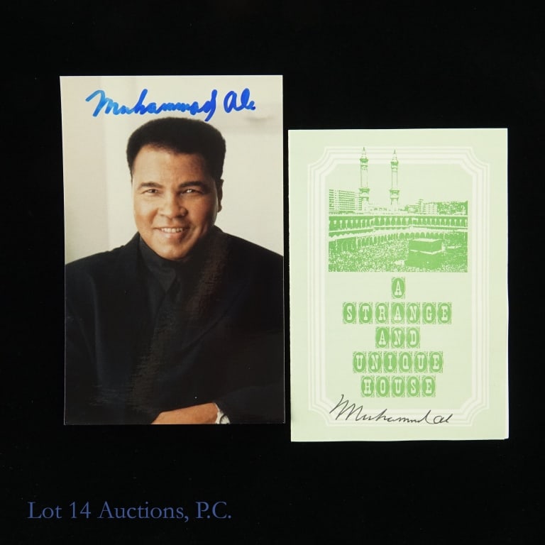 Muhammad Ali Signed Photograph & Islamic Pamphlet: Muhammad Ali Autographed Photo (3.5 x 5.5) & Autographed Institute Of Islamic Information Pamphlet (2 Items Total - Both Signed). Lot 14 guarantees the authenticity of these signatures (read auction i