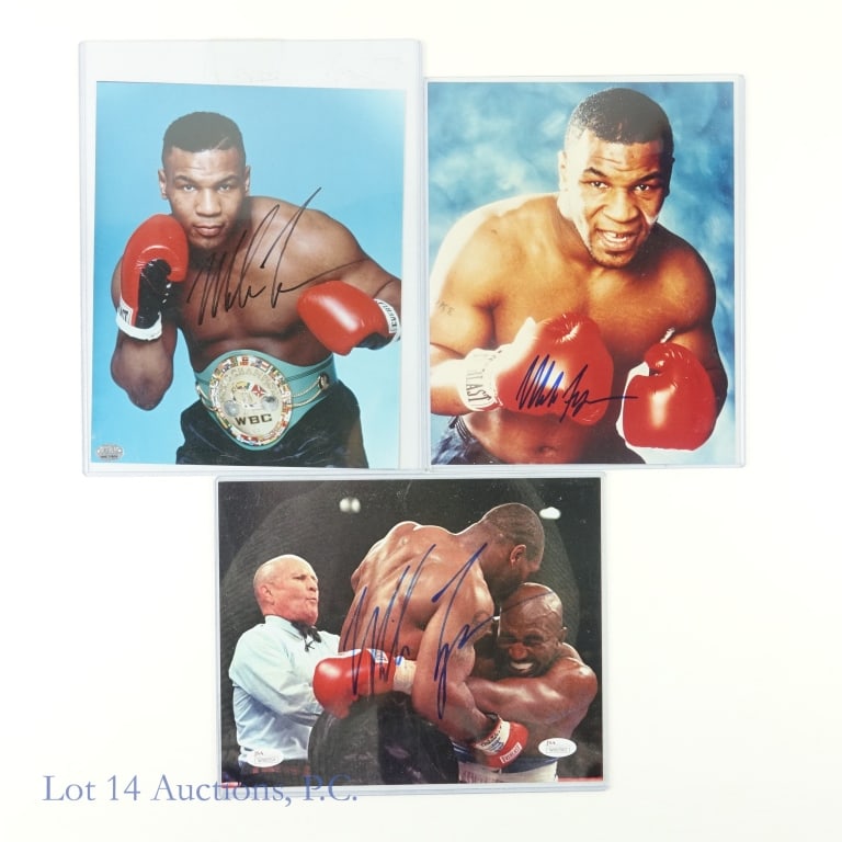 Mike Tyson Signed Boxing Photos (JSA COA) (3): Mike Tyson Autographed Boxing Photographs (All 8 x 10) (3 Signed Pictures Total - 1 JSA COA). (JSA Certification: W967903). The Mike Tyson signature on the Tyson / Holyfield (8 x 10) is guaranteed to 