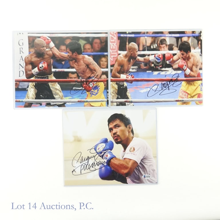 Manny Pacquiao Signed Boxing Photos (Beckett) (3): Manny Pacquiao Autographed Boxing Photographs (All 10 x 8) (3 Autographed Pictures Total - 1 BAS COA). (Beckett Certification: F08388). Lot 14 guarantees the authenticity of these signatures (read auc