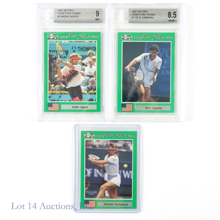 1991 Netpro Tour Star Tennis Cards (Beckett) (3): 1991 Netpro Tour Star Tennis #3 Andre Agassi Rookie Card (Graded Beckett 9 Mint) / 1991 Netpro Tour Star Tennis #7 Pete Sampras Rookie Card (Graded Beckett 8.5 NM-MT+) / 1991 Netpro Tour Star Tennis #