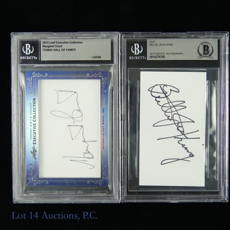 Signed Billie Jean King Margaret Court Cards (COA): Autographed Billie Jean King Cut Signature (Beckett Authenticated) / Autographed 2013 Leaf Executive Collection Margaret Court Cut Signature (Beckett Authenticated) (2 Autographs Total - Both Beckett 