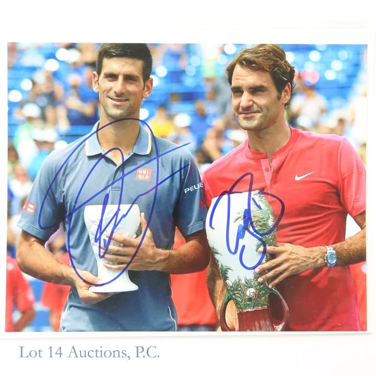 Novak Djokovic & Roger Federer Signed Tennis Photo: Novak Djokovic & Roger Federer Autographed ATP Tennis Photograph (10 x 8). Lot 14 guarantees the authenticity of these signatures (read auction info for details). Novak Djokovic is arguably the greate
