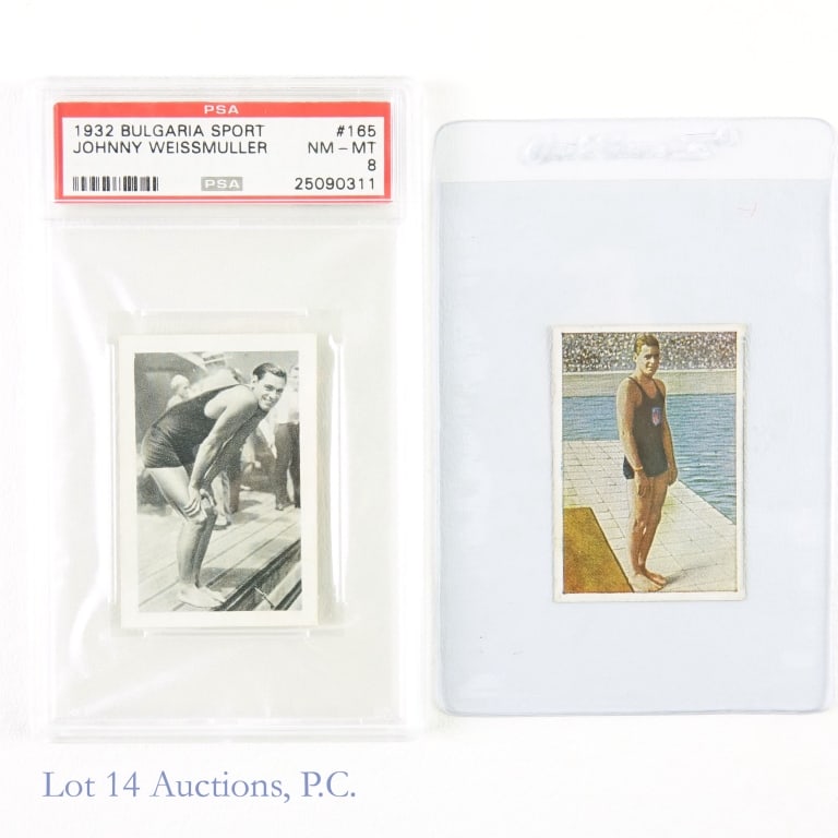 1928-1932 Johnny Weissmuller Tobacco Cards (PSA): 1932 Bulgaria Sport #165 Johnny Weissmuller (Graded PSA 8) (Pop Higher 2 - Very Scarce) / 1928 Josetti Cigarette Die Welt in Bildern Serie 117 #1 Johnny Weissmuller Cigarette Trading Cards (2 Cards To