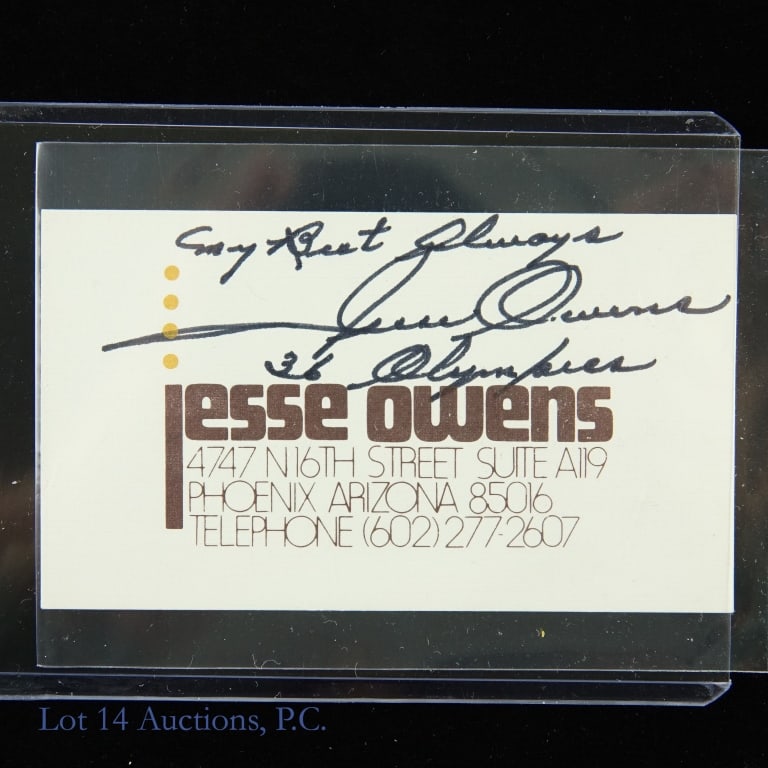 Jesse Owens Signed Official Business Card: Autographed Jesse Owens Official Business Card (Circa 1972-1980). The inscription reads "My Best Always" & "36 Olympics". After his career ended Jesse Owens settled in the Phoenix area (from 1972 to 1